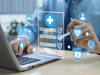 Doctor using virtual screen for medical document verification, connected to healthcare network with digital technology concept, showcasing modern medical innovation and efficient healthcare solutions